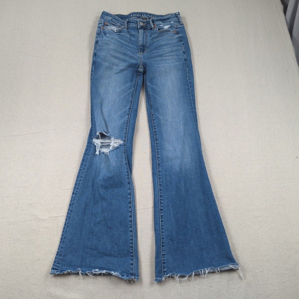 American Eagle Jeans Womens 2 Blue Super High Rise Flare Stretch Distressed